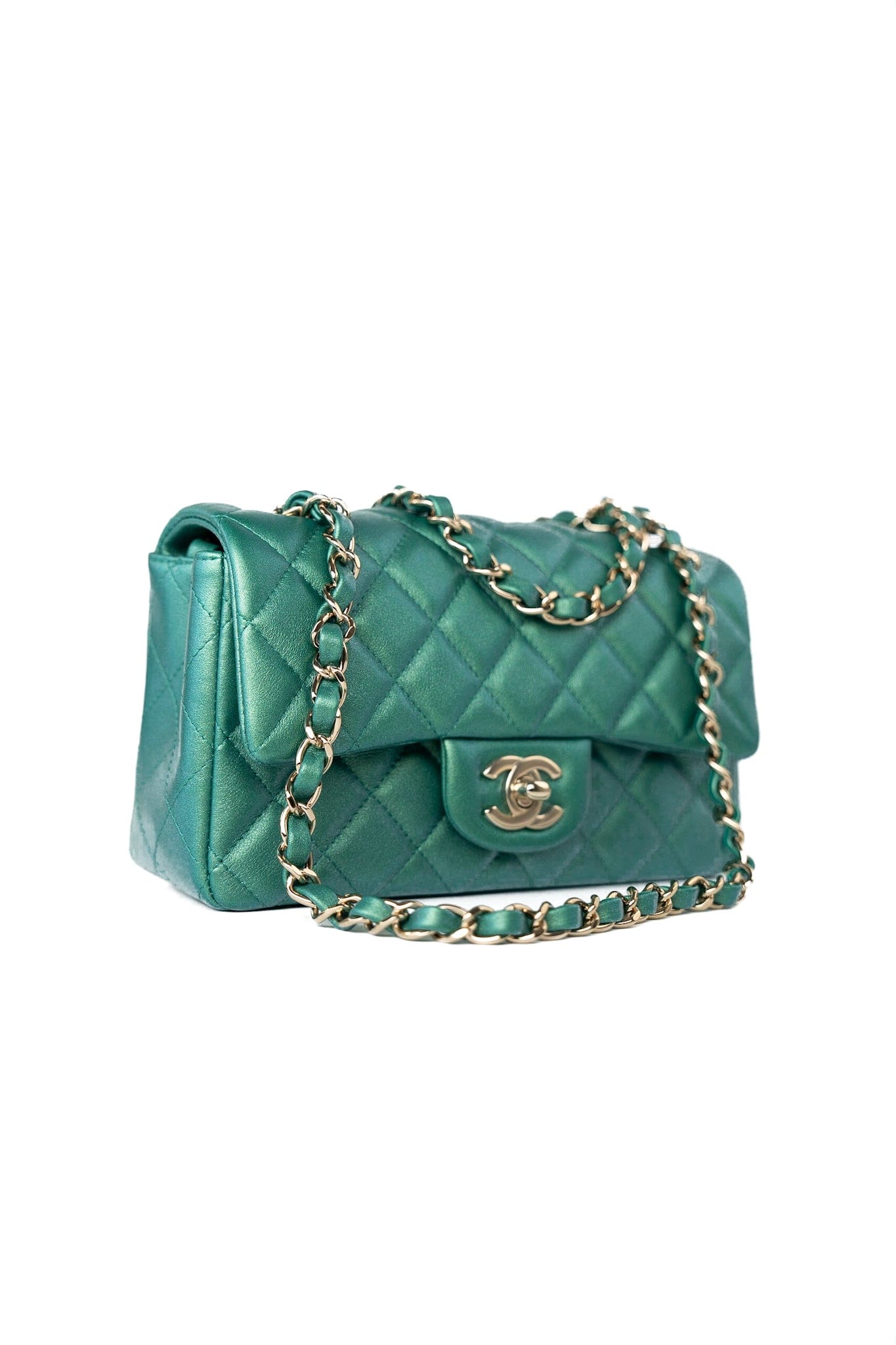 22A Iridescent Green Lambskin Quilted Mini Rectangular Single Flap Light Gold Hardware