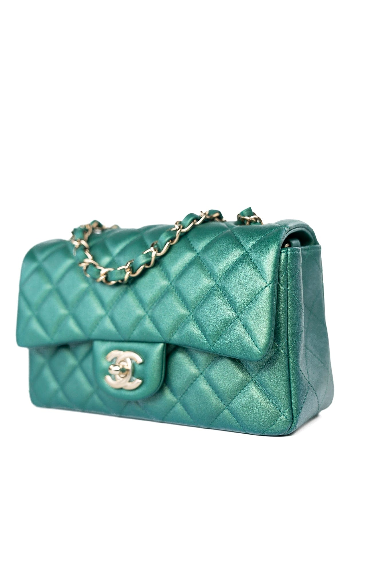 22A Iridescent Green Lambskin Quilted Mini Rectangular Single Flap Light Gold Hardware