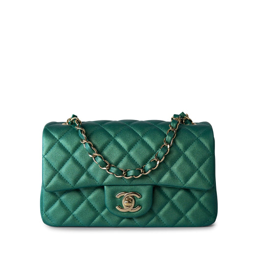 22A Iridescent Green Lambskin Quilted Mini Rectangular Single Flap Light Gold Hardware