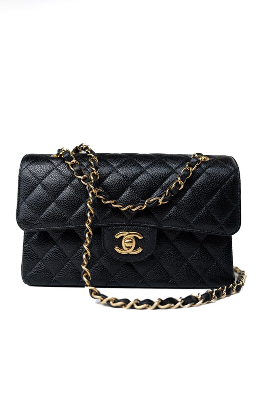 Small Black Caviar Quilted Classic Flap Gold Hardware