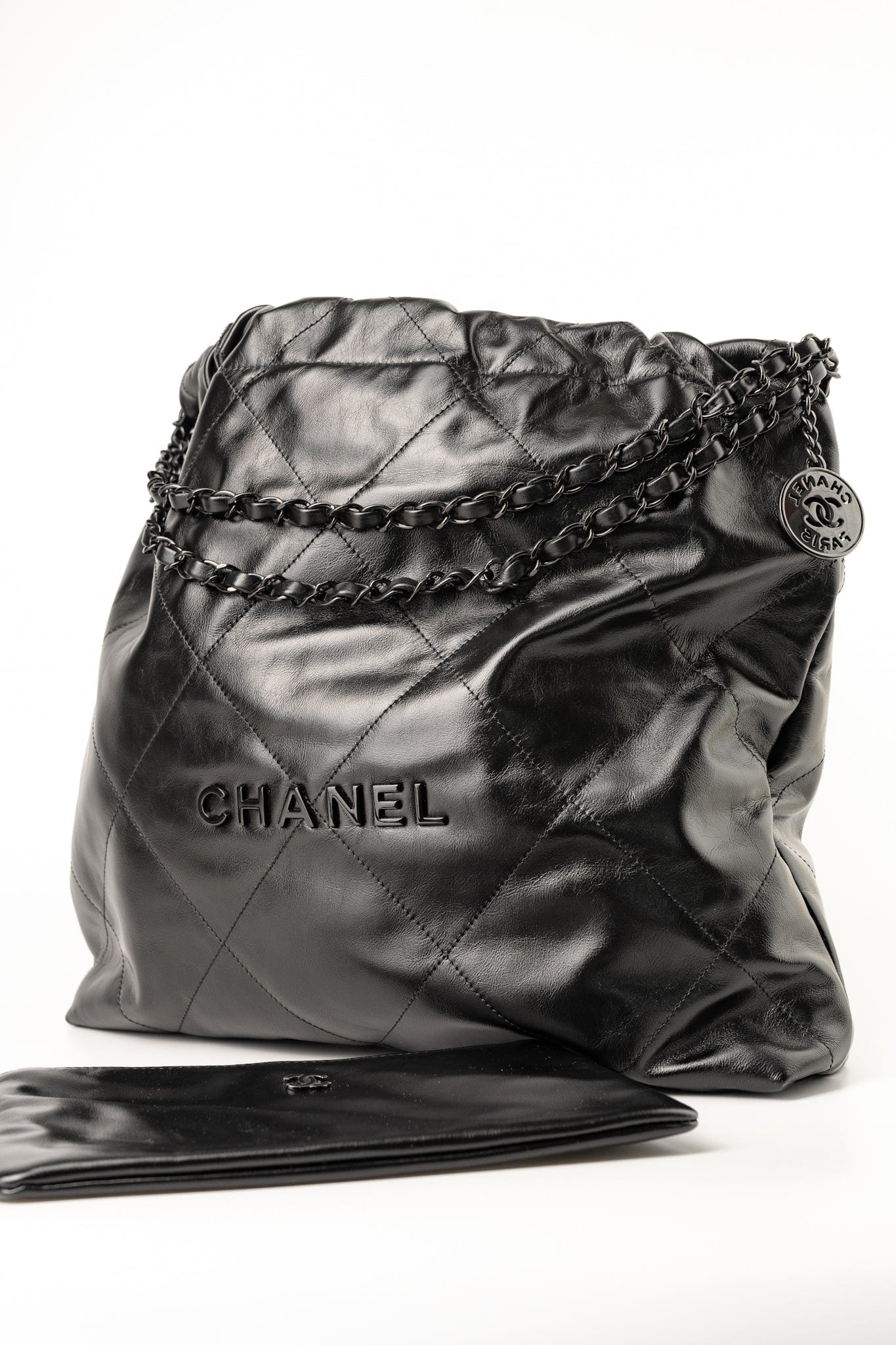 So Black Calfskin Quilted Drawstring 22 Bag medium Black Hardware