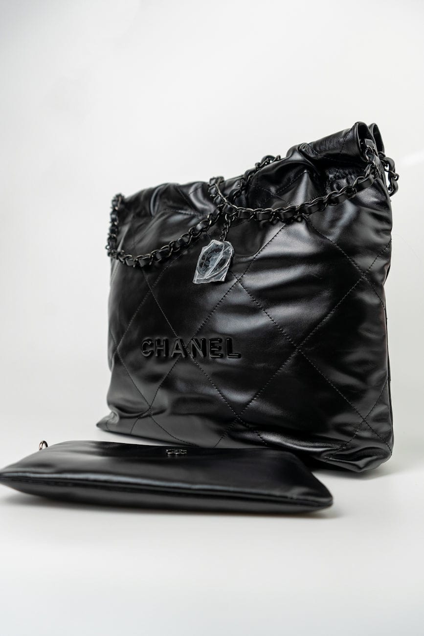 So Black Calfskin Quilted Drawstring 22 Bag small Black Hardware
