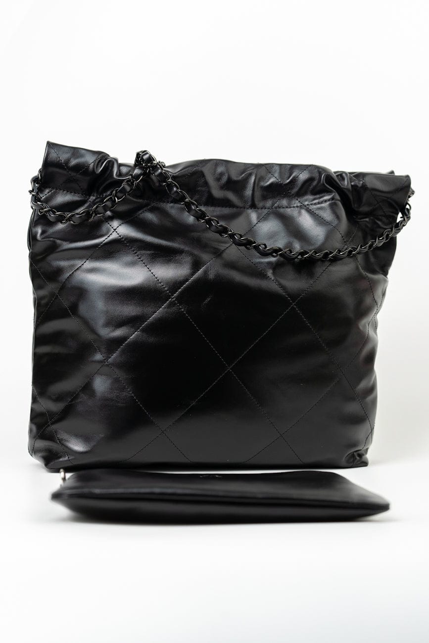 So Black Calfskin Quilted Drawstring 22 Bag small Black Hardware