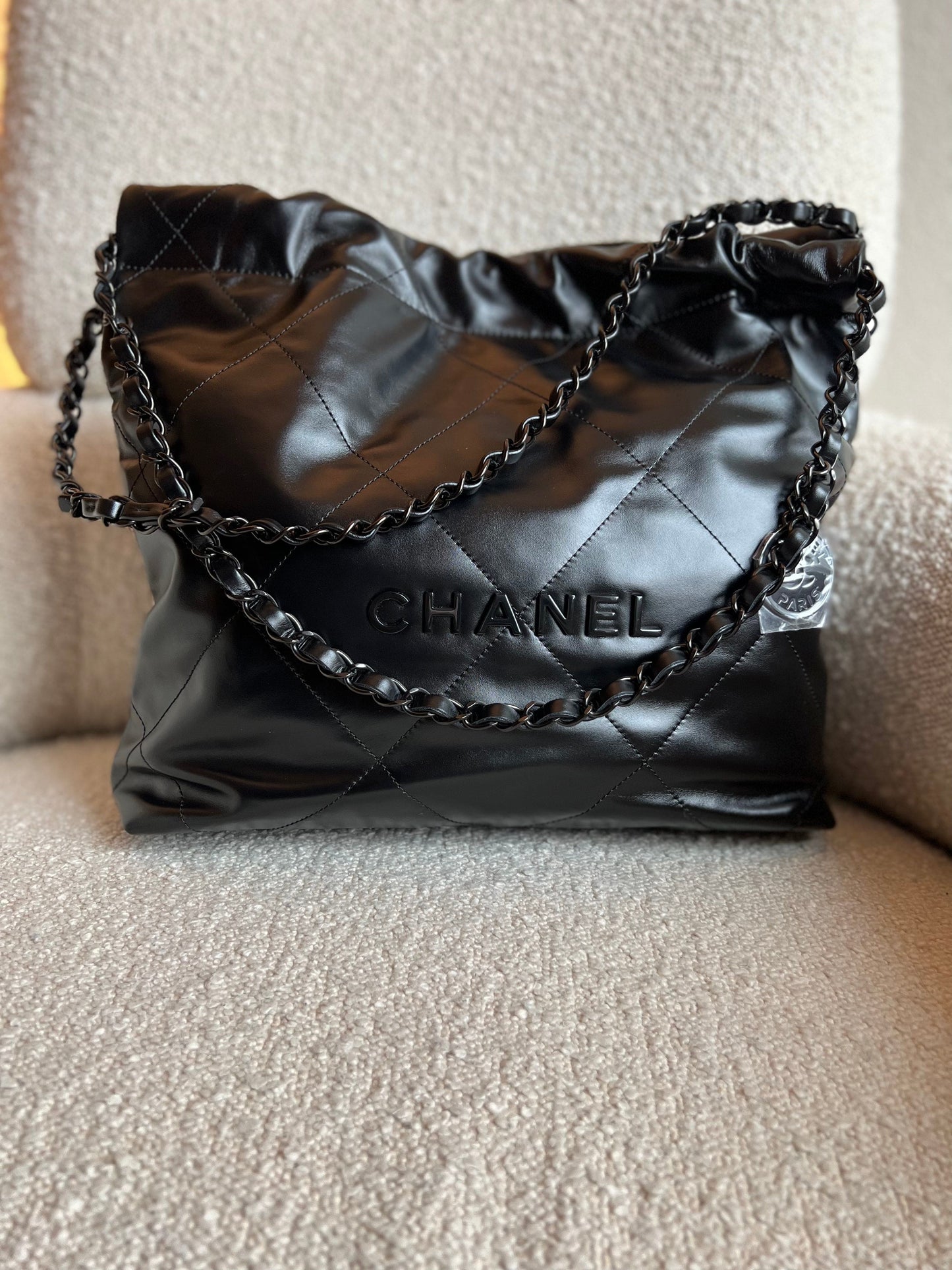 So Black Calfskin Quilted Drawstring 22 Bag small Black Hardware