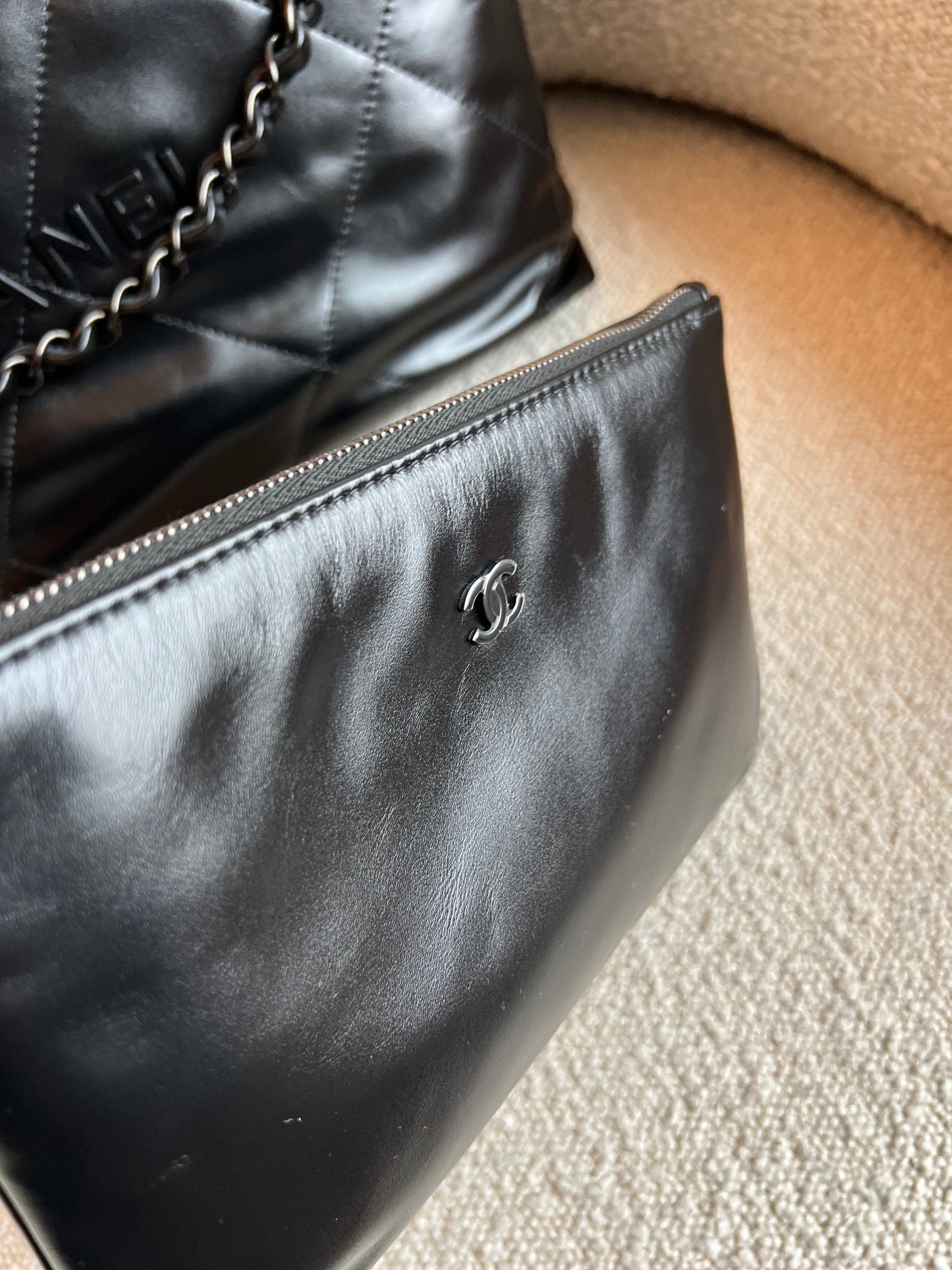 So Black Calfskin Quilted Drawstring 22 Bag small Black Hardware