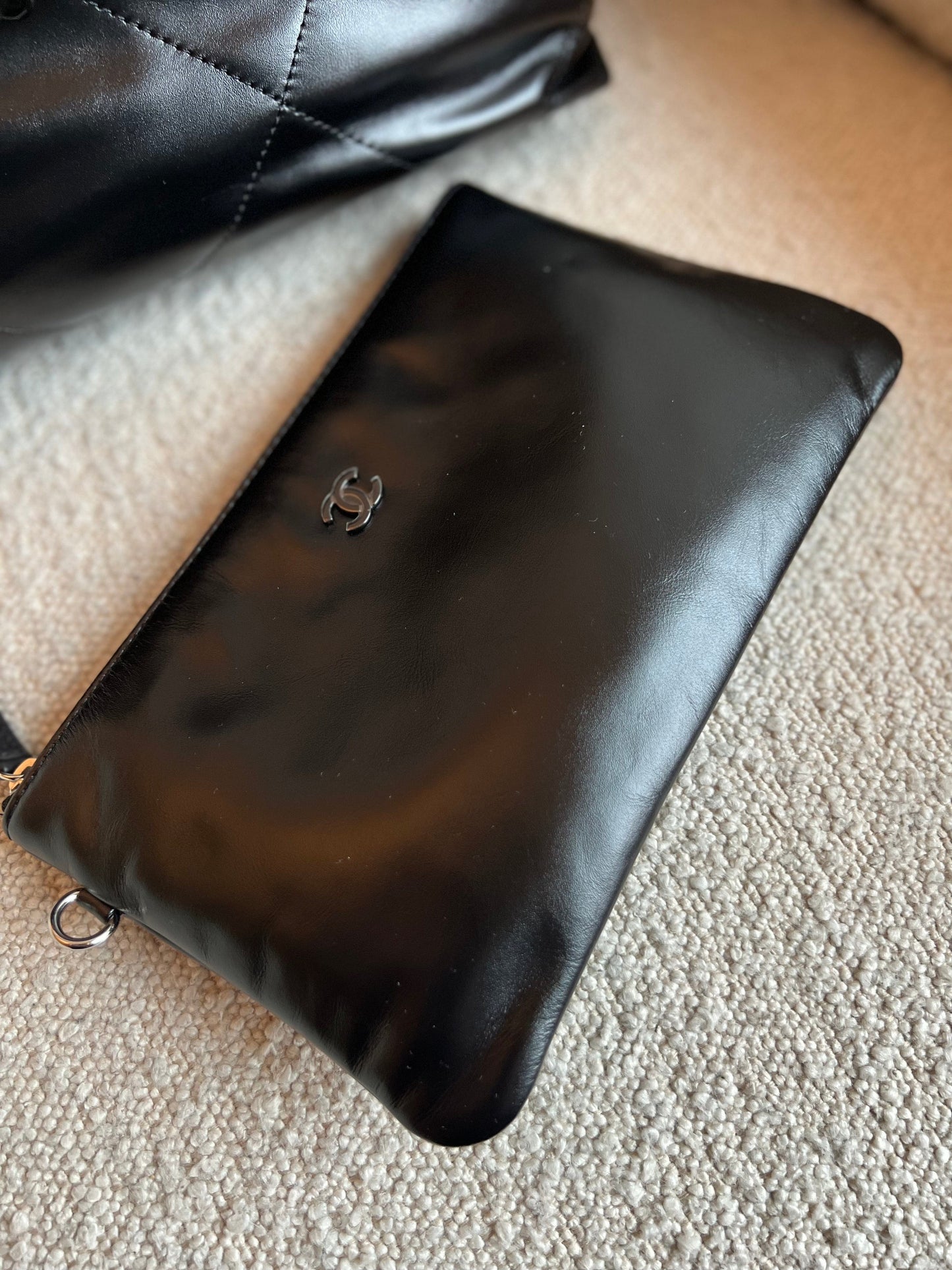 So Black Calfskin Quilted Drawstring 22 Bag small Black Hardware