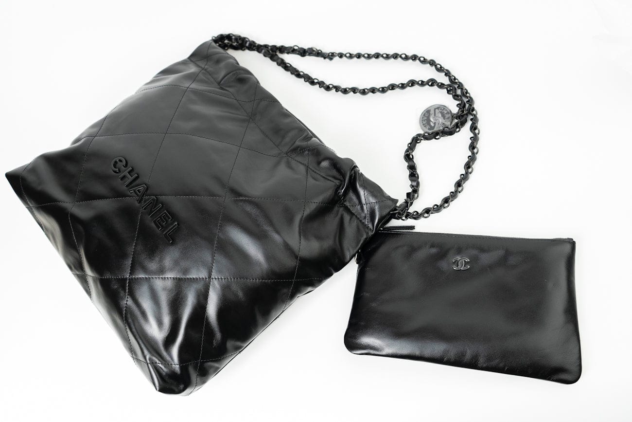 So Black Calfskin Quilted Drawstring 22 Bag small Black Hardware