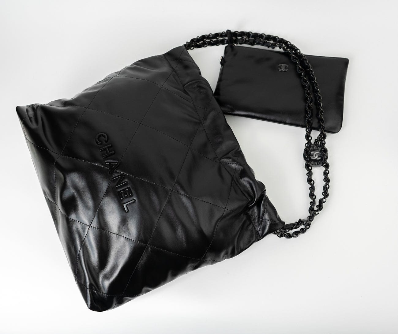 So Black Calfskin Quilted Drawstring 22 Bag small Black Hardware
