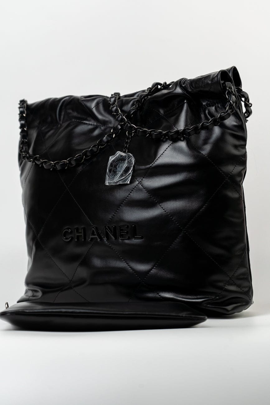 So Black Calfskin Quilted Drawstring 22 Bag small Black Hardware