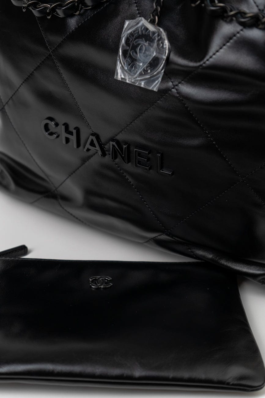 So Black Calfskin Quilted Drawstring 22 Bag small Black Hardware