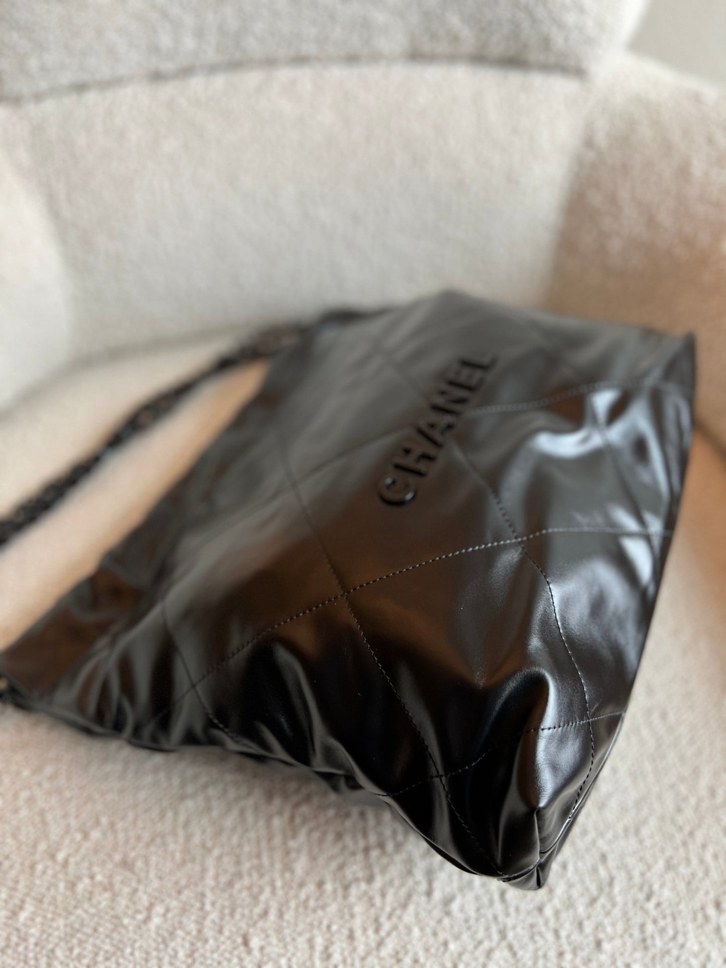 So Black Calfskin Quilted Drawstring 22 Bag small Black Hardware