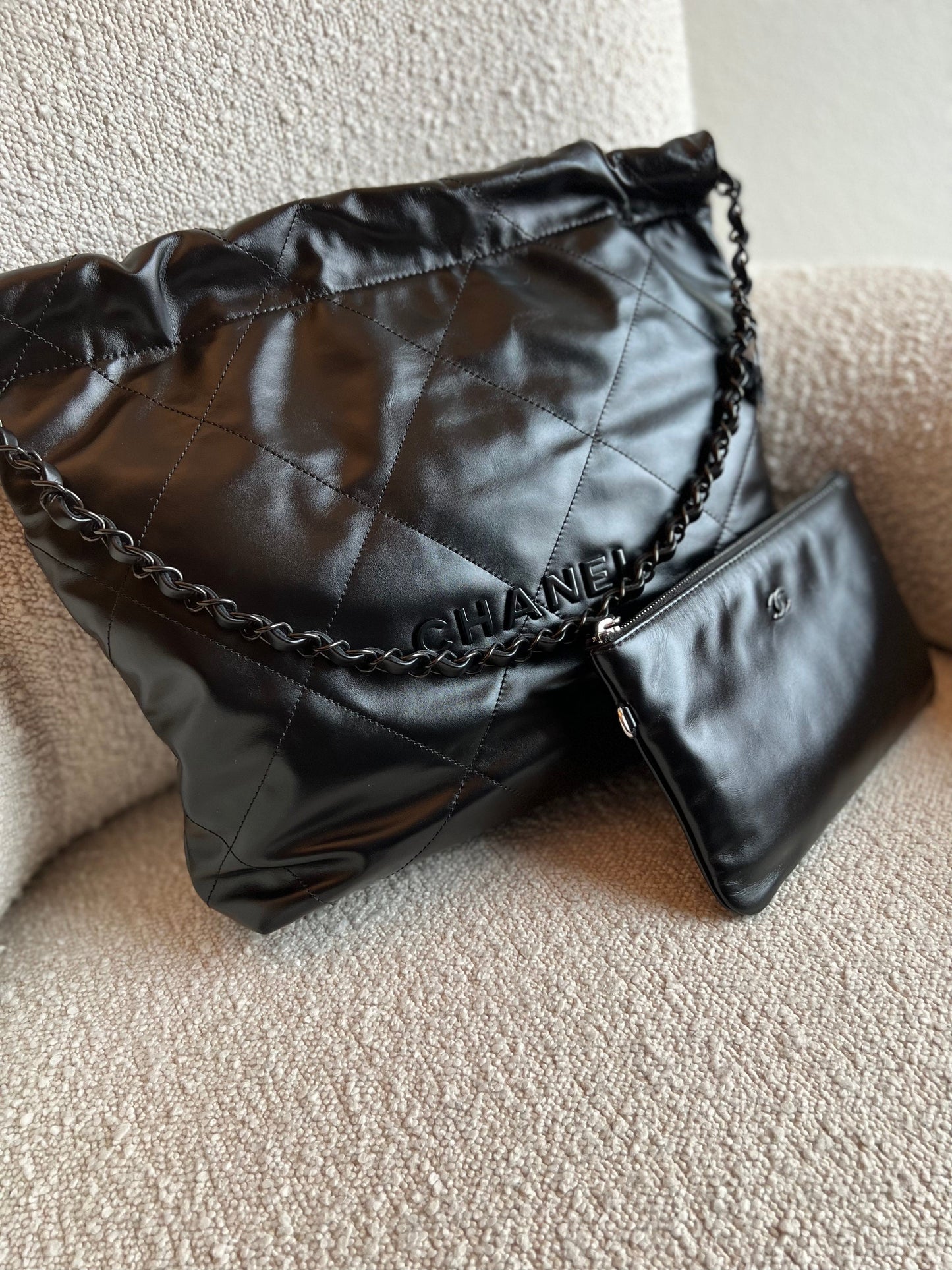 So Black Calfskin Quilted Drawstring 22 Bag small Black Hardware