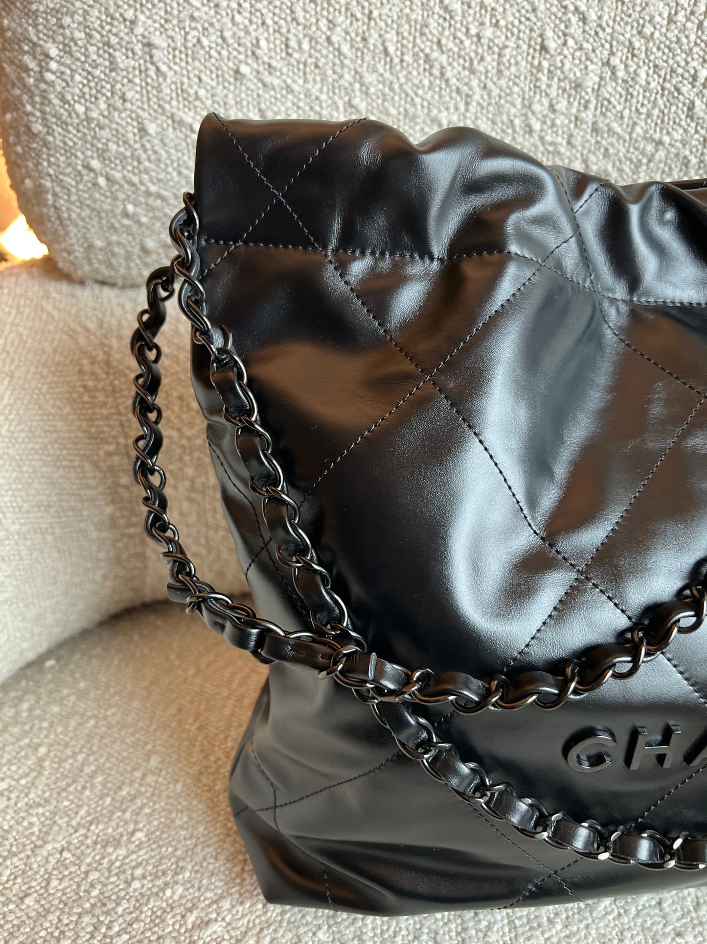 So Black Calfskin Quilted Drawstring 22 Bag small Black Hardware