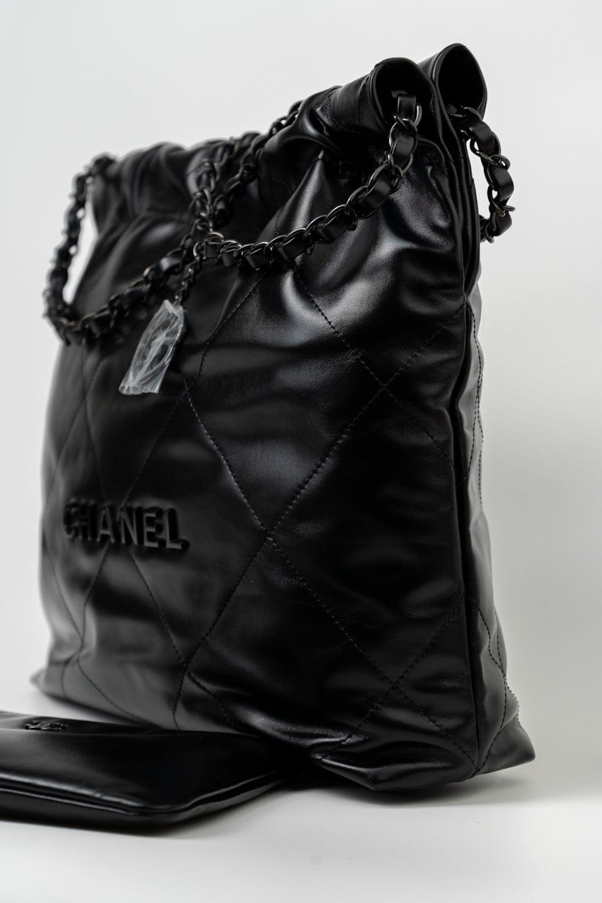 So Black Calfskin Quilted Drawstring 22 Bag small Black Hardware