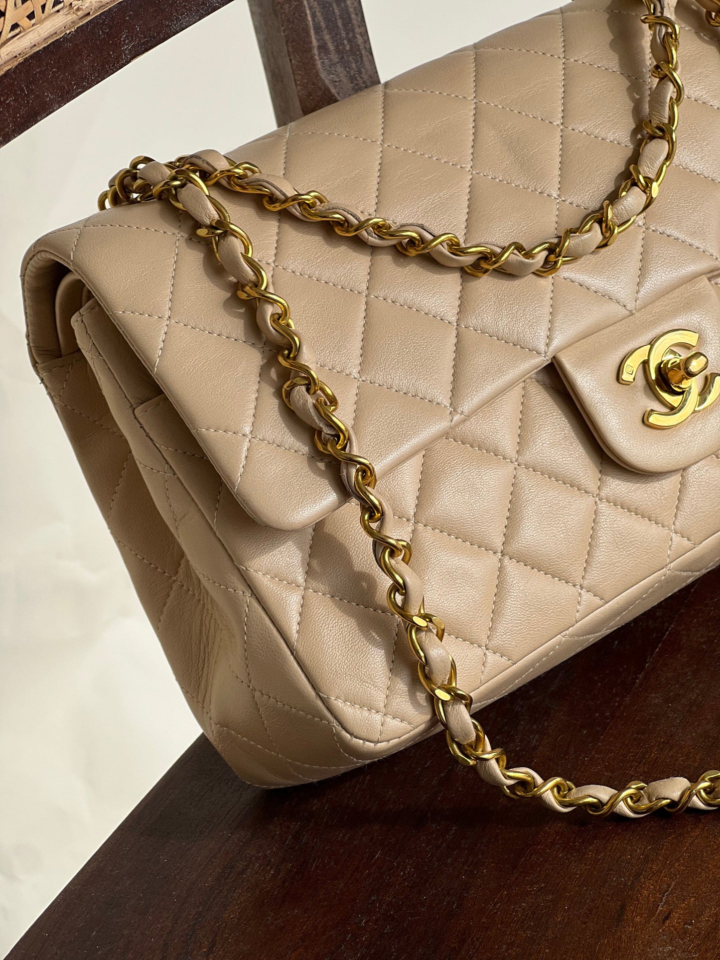 Vintage Beige Lambskin Quilted a classic Double Flap GHW