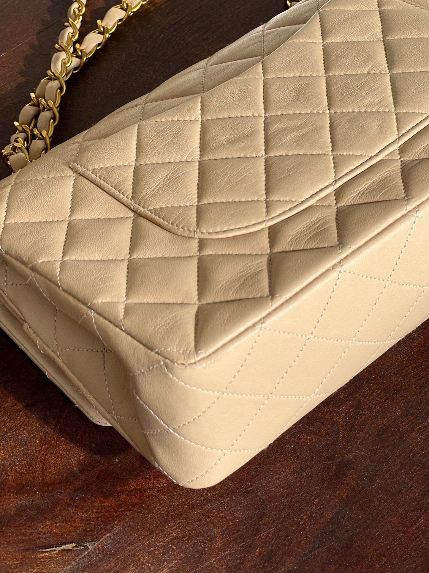 Vintage Beige Lambskin Quilted a classic Double Flap GHW