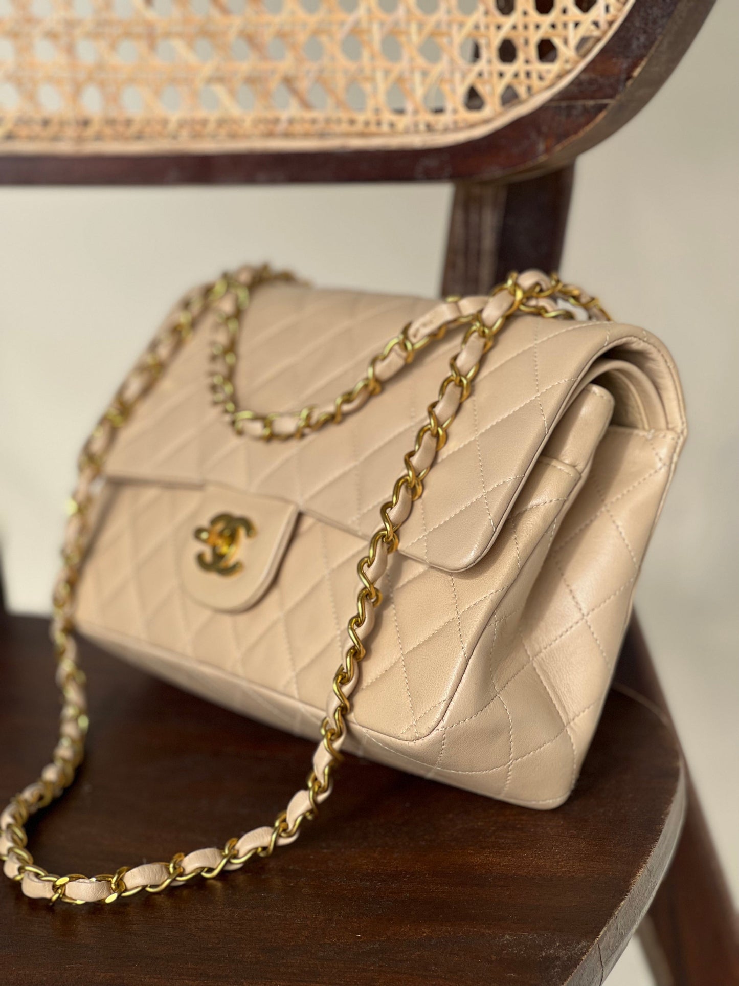 Vintage Beige Lambskin Quilted a classic Double Flap GHW