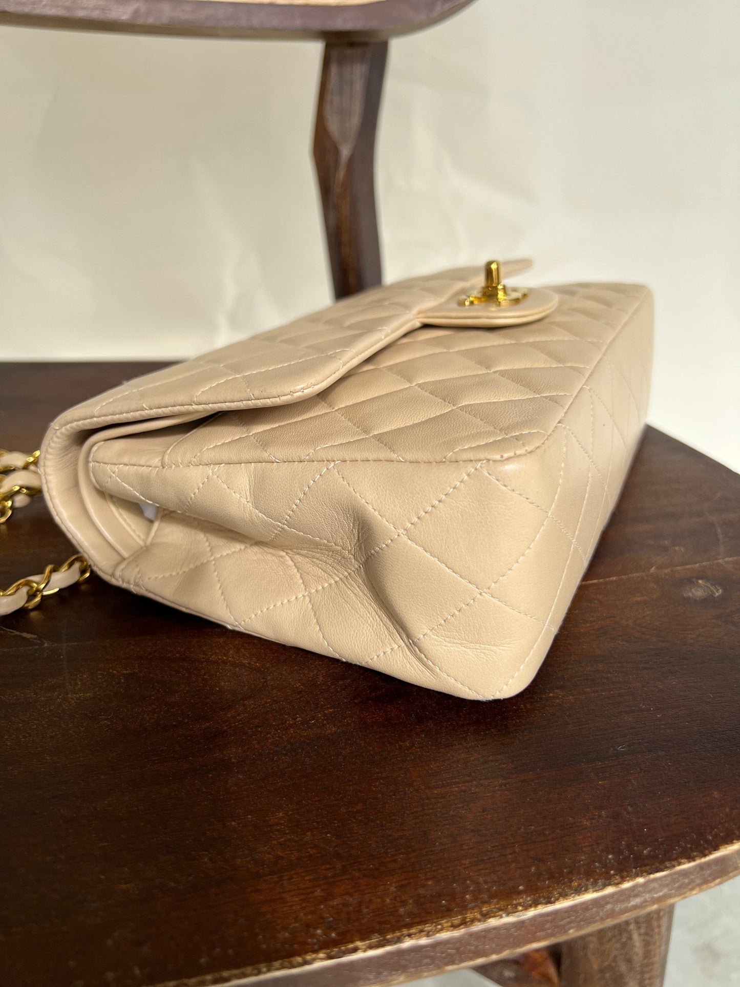 Vintage Beige Lambskin Quilted a classic Double Flap GHW