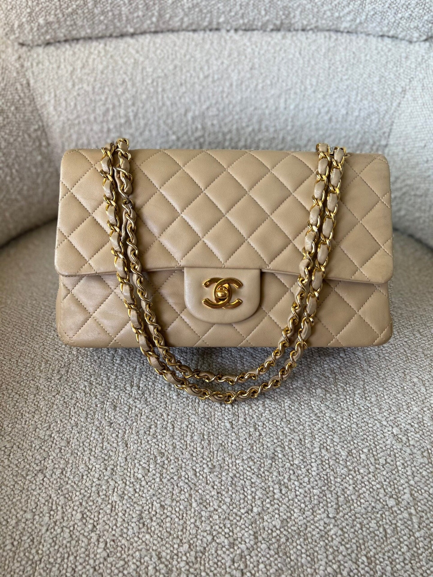 Vintage Beige Lambskin Quilted Classic Flap Medium GHW