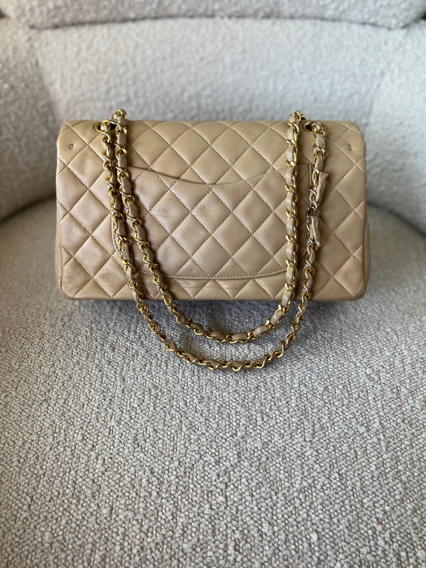 Vintage Beige Lambskin Quilted Classic Flap Medium GHW