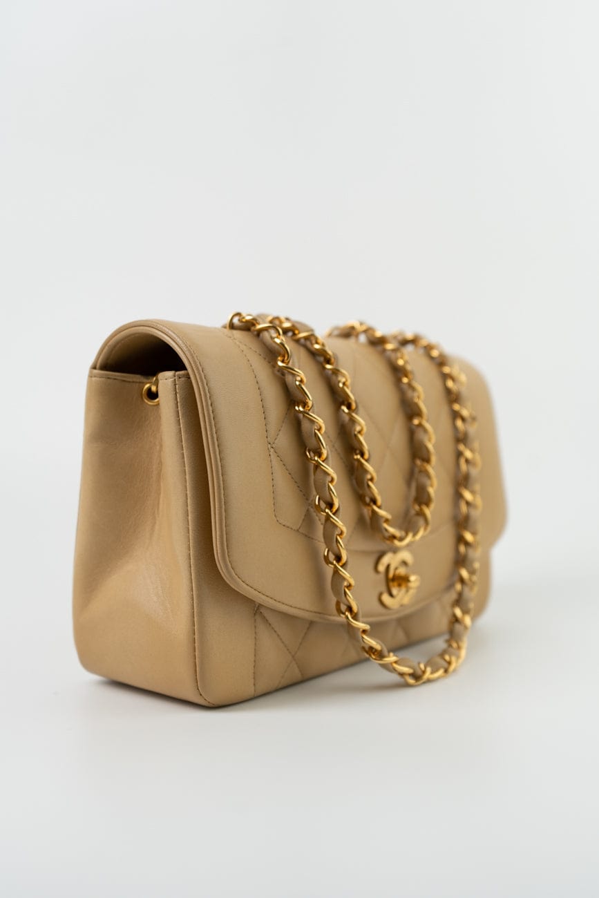 Vintage Beige Lambskin Quilted Diana Single Flap Small with Gold Hardware