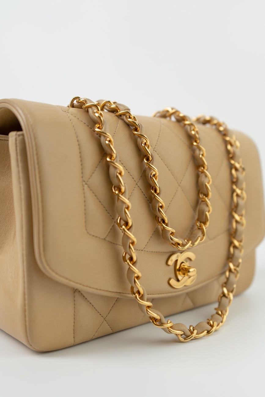 Vintage Beige Lambskin Quilted Diana Single Flap Small with Gold Hardware
