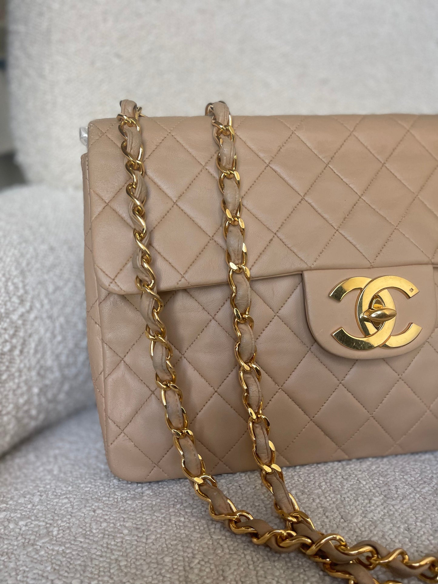 Vintage Beige Lambskin Quilted Jumbo XL Single Flap GHW