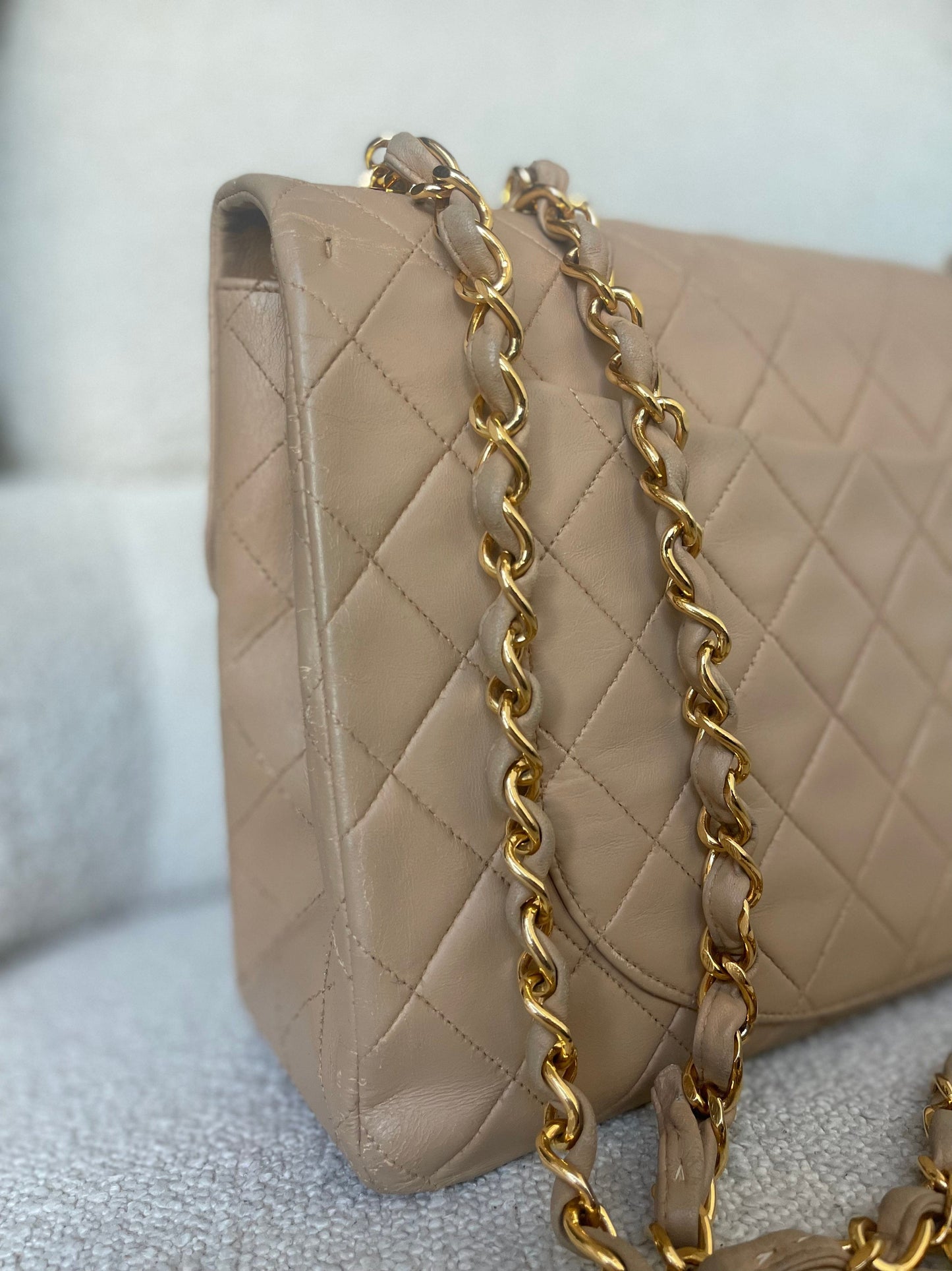 Vintage Beige Lambskin Quilted Jumbo XL Single Flap GHW