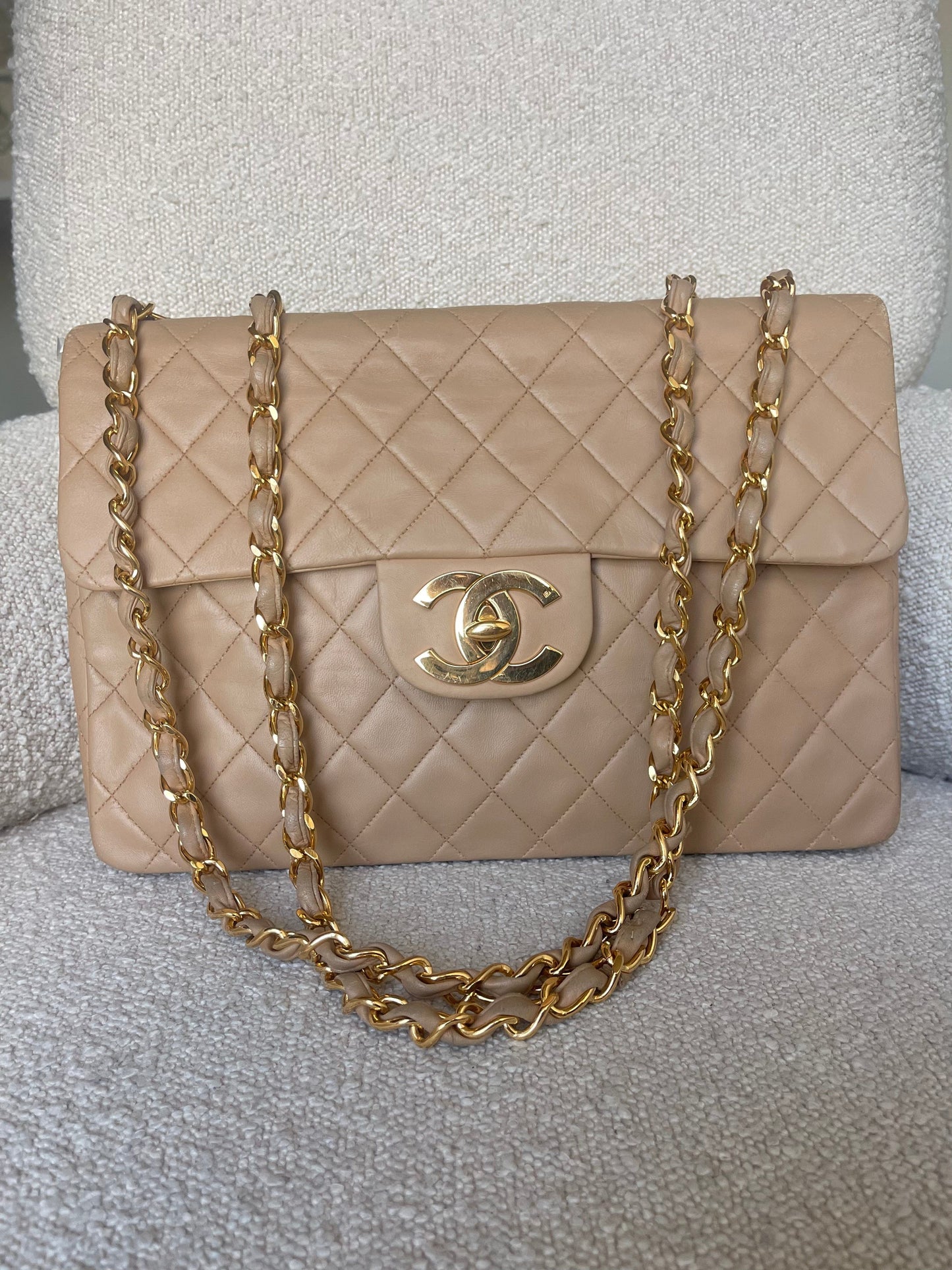 Vintage Beige Lambskin Quilted Jumbo XL Single Flap GHW