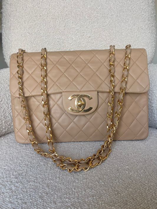 Vintage Beige Lambskin Quilted Jumbo XL Single Flap GHW