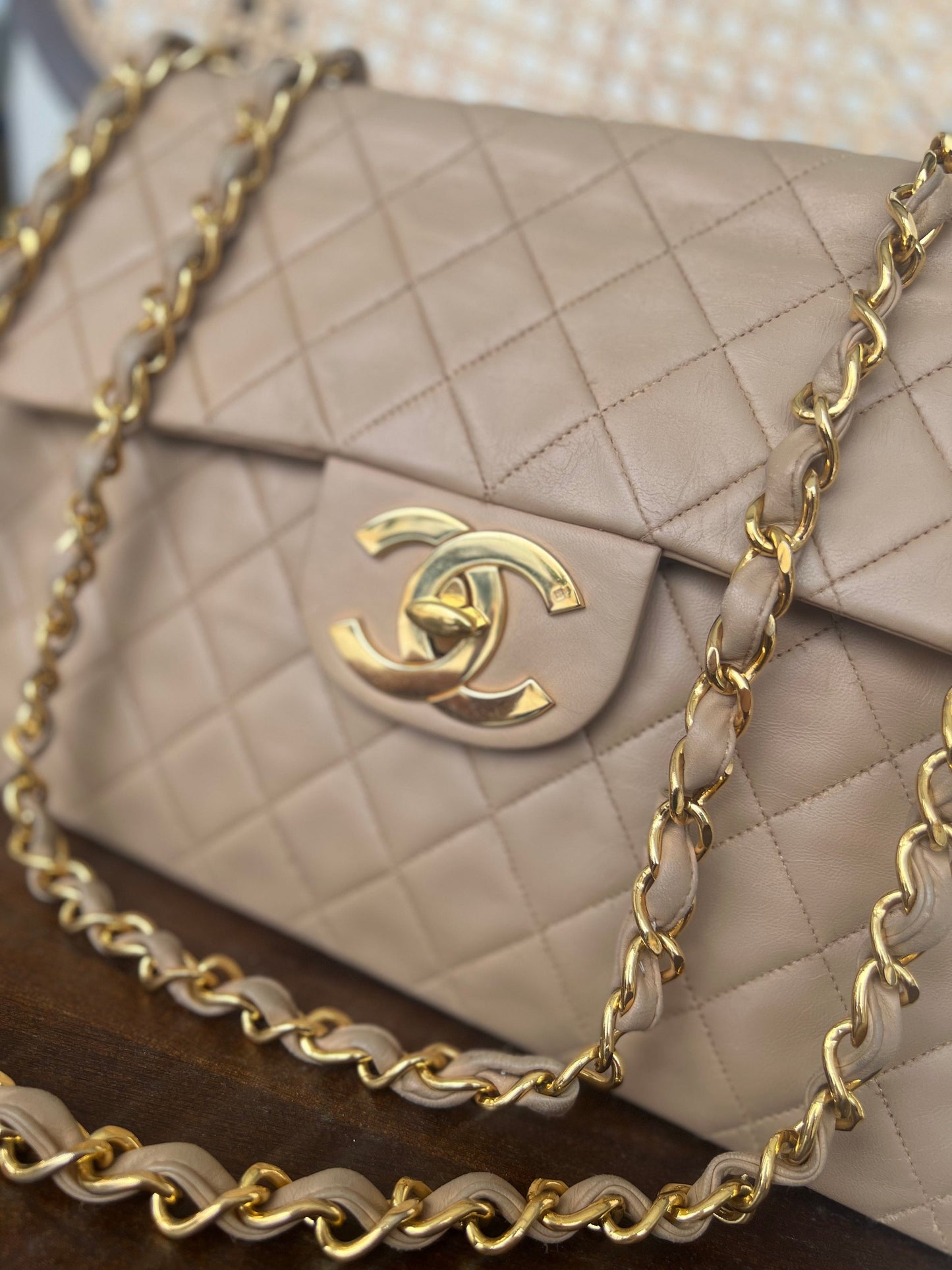 Vintage Beige Lambskin Quilted Jumbo XL Single Flap GHW