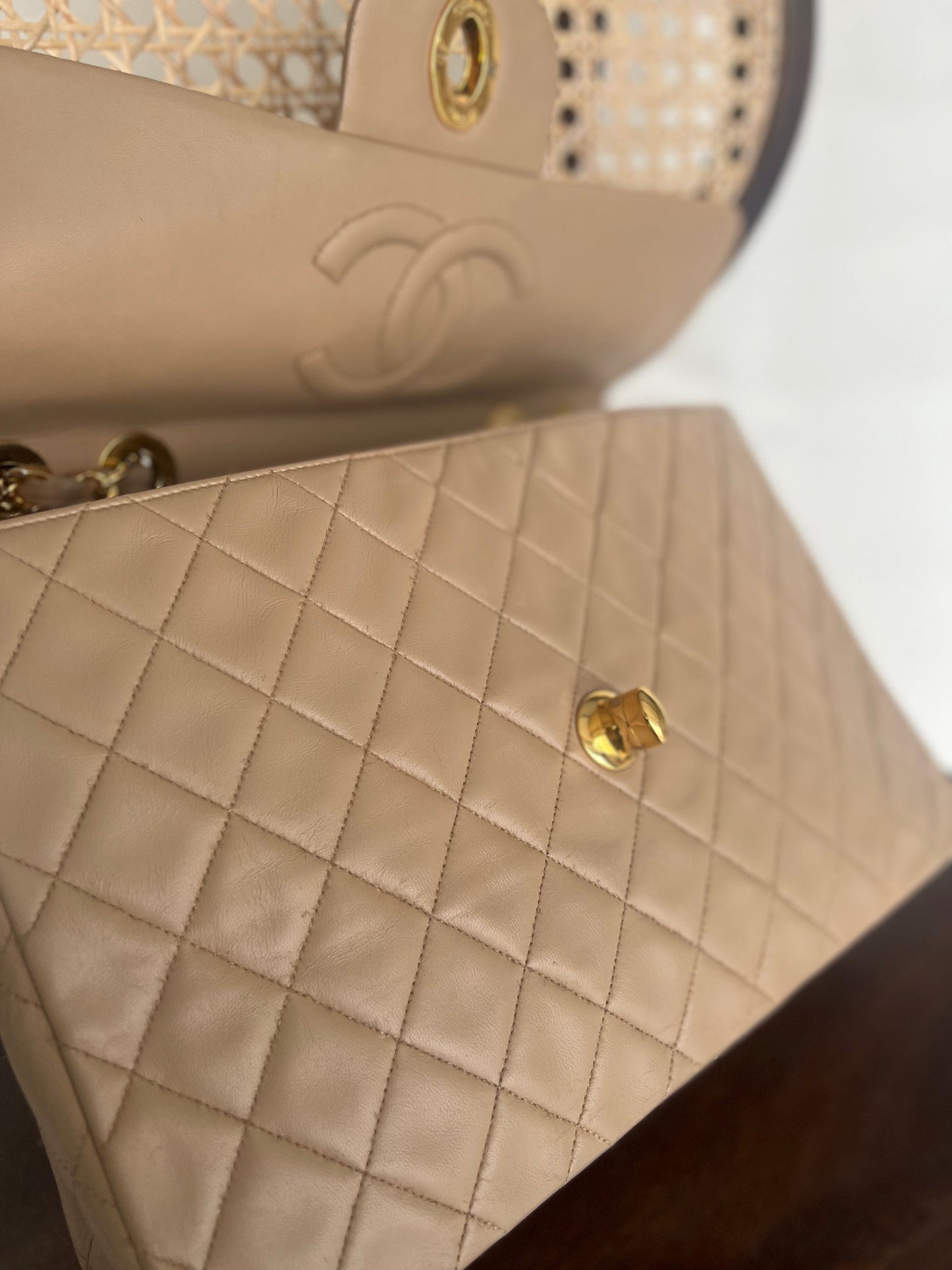 Vintage Beige Lambskin Quilted Jumbo XL Single Flap GHW