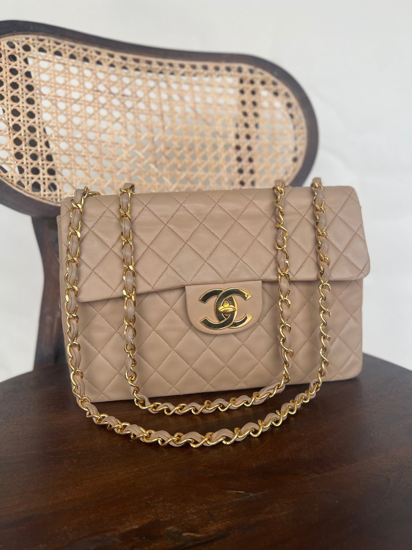 Vintage Beige Lambskin Quilted Jumbo XL Single Flap GHW