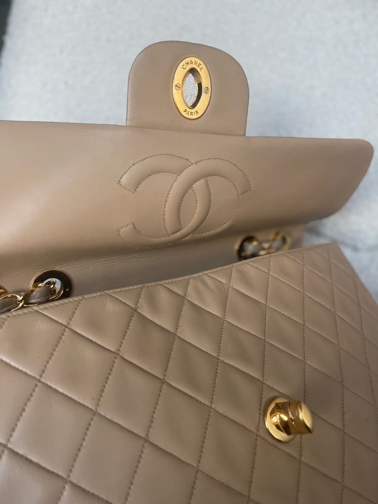 Vintage Beige Lambskin Quilted Jumbo XL Single Flap GHW