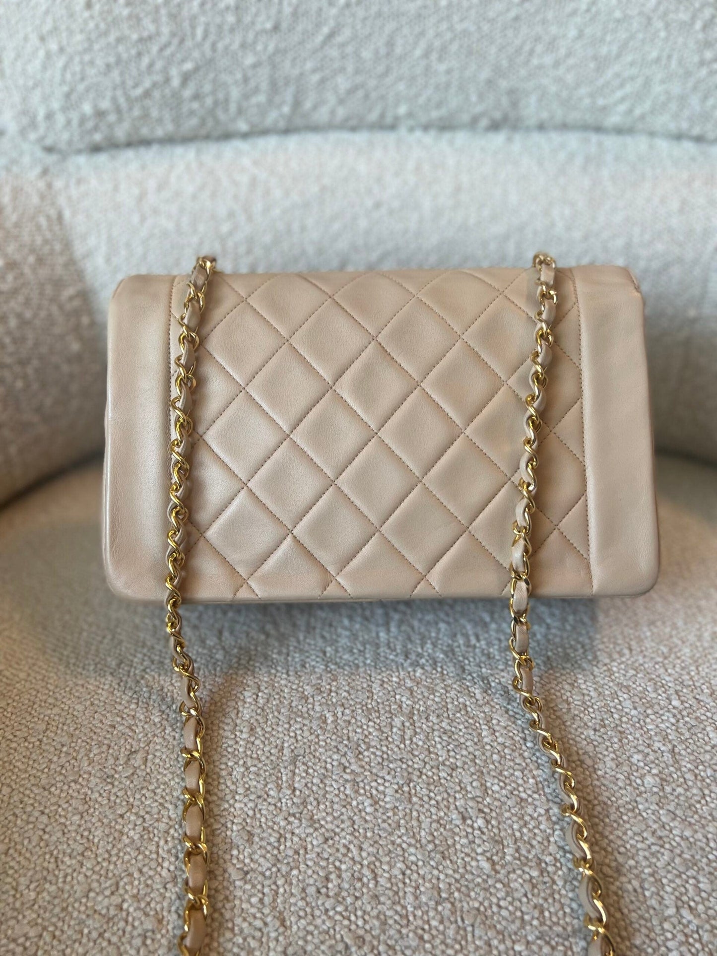 Vintage Beige Lambskin Quilted Medium Diana Flap Gold Hardware
