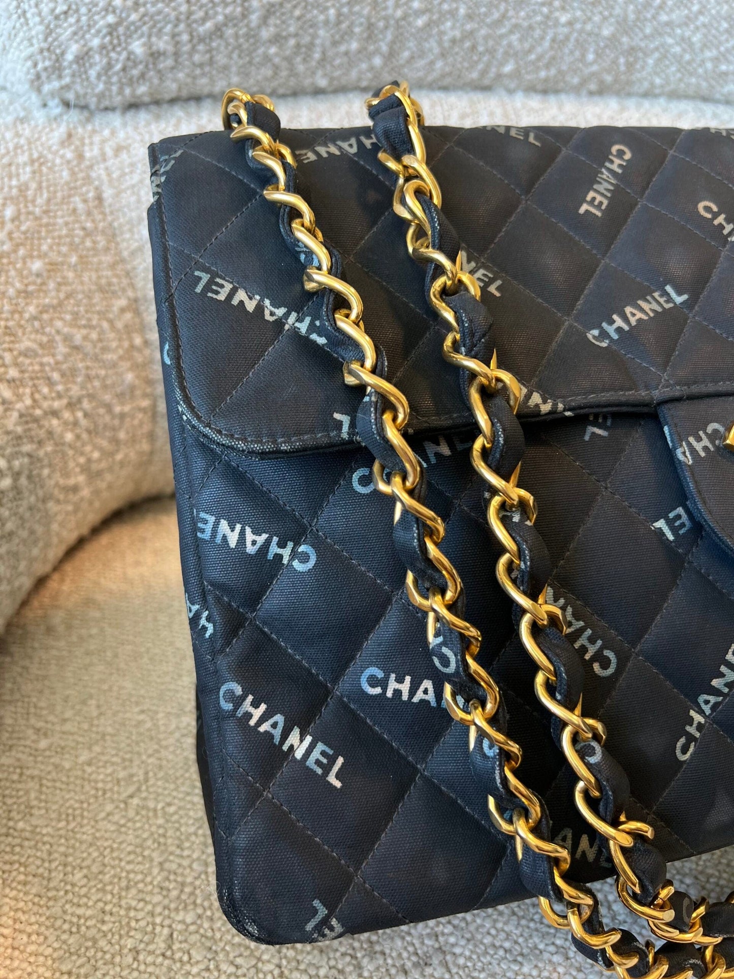 Vintage Black Canvas Quilted  Single Flap Jumbo XL Gold Hardware