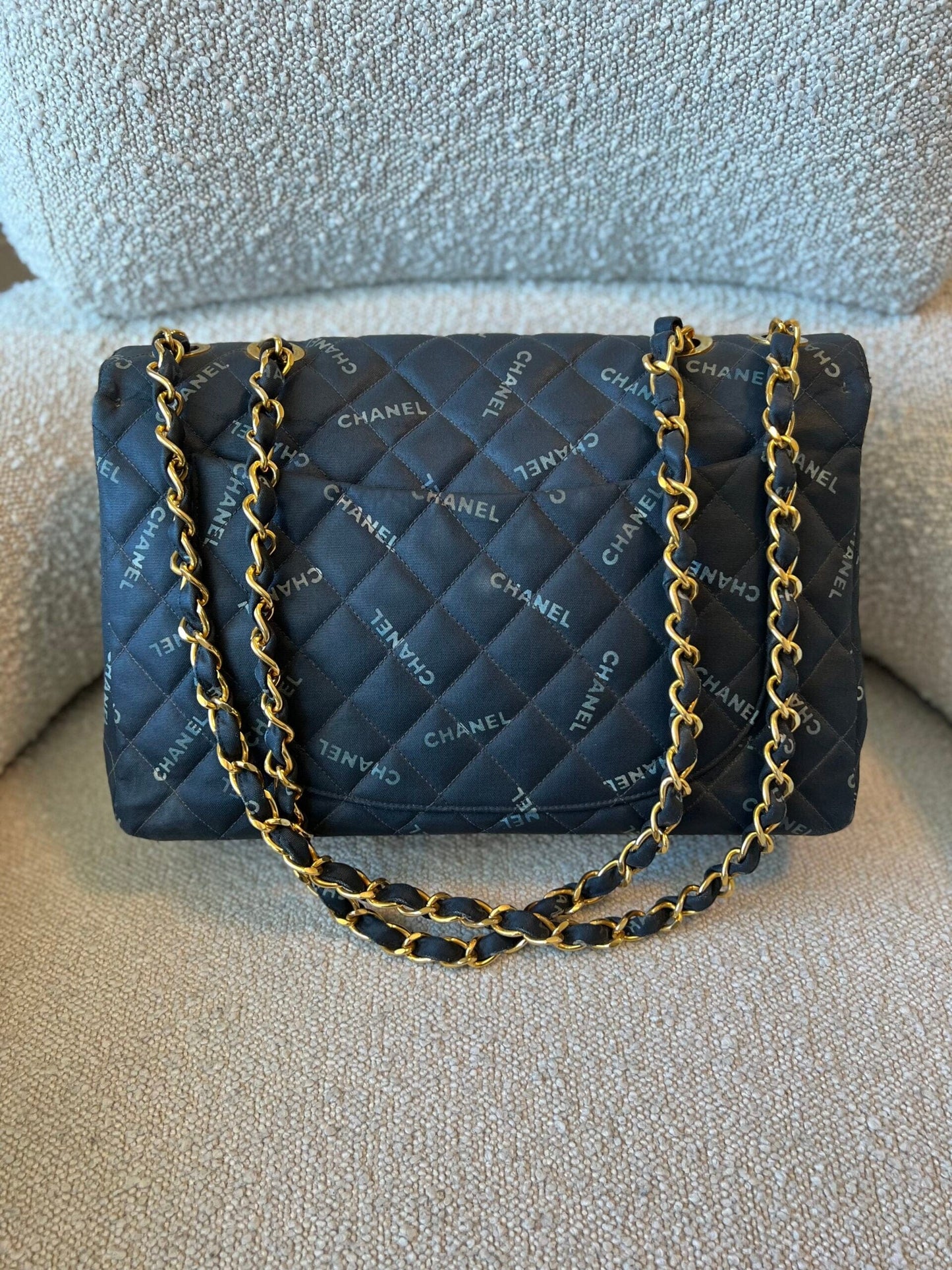 Vintage Black Canvas Quilted  Single Flap Jumbo XL Gold Hardware