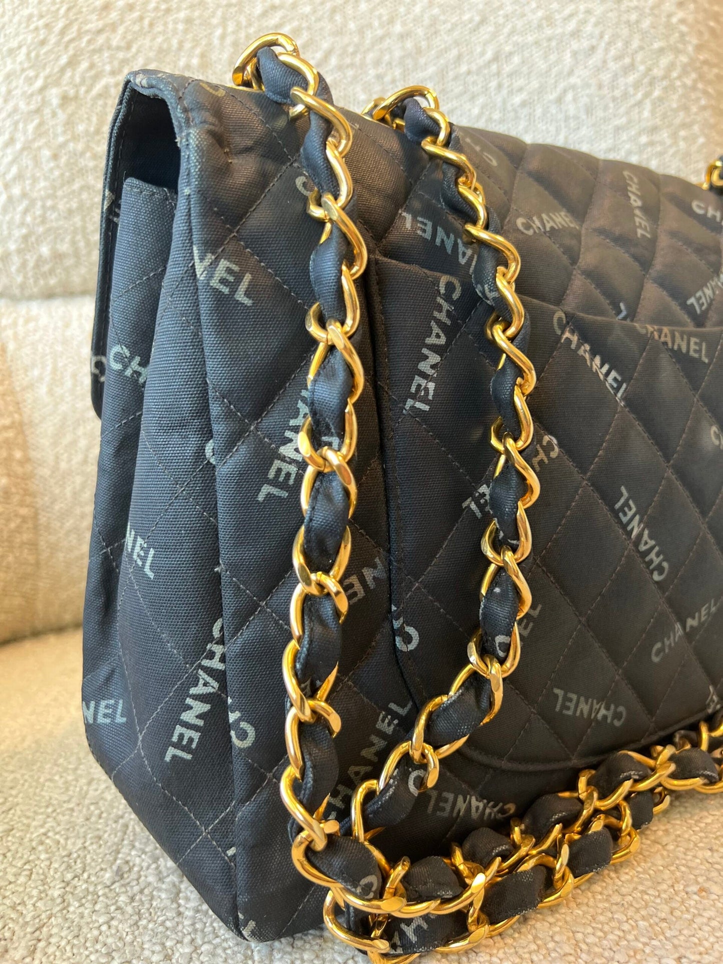 Vintage Black Canvas Quilted  Single Flap Jumbo XL Gold Hardware