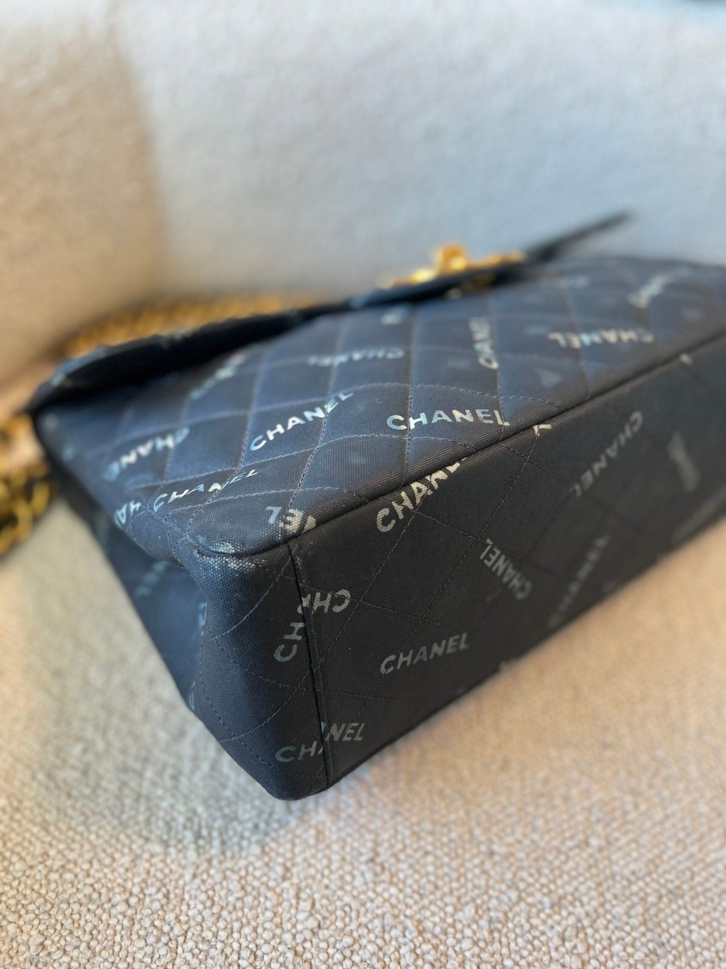 Vintage Black Canvas Quilted  Single Flap Jumbo XL Gold Hardware