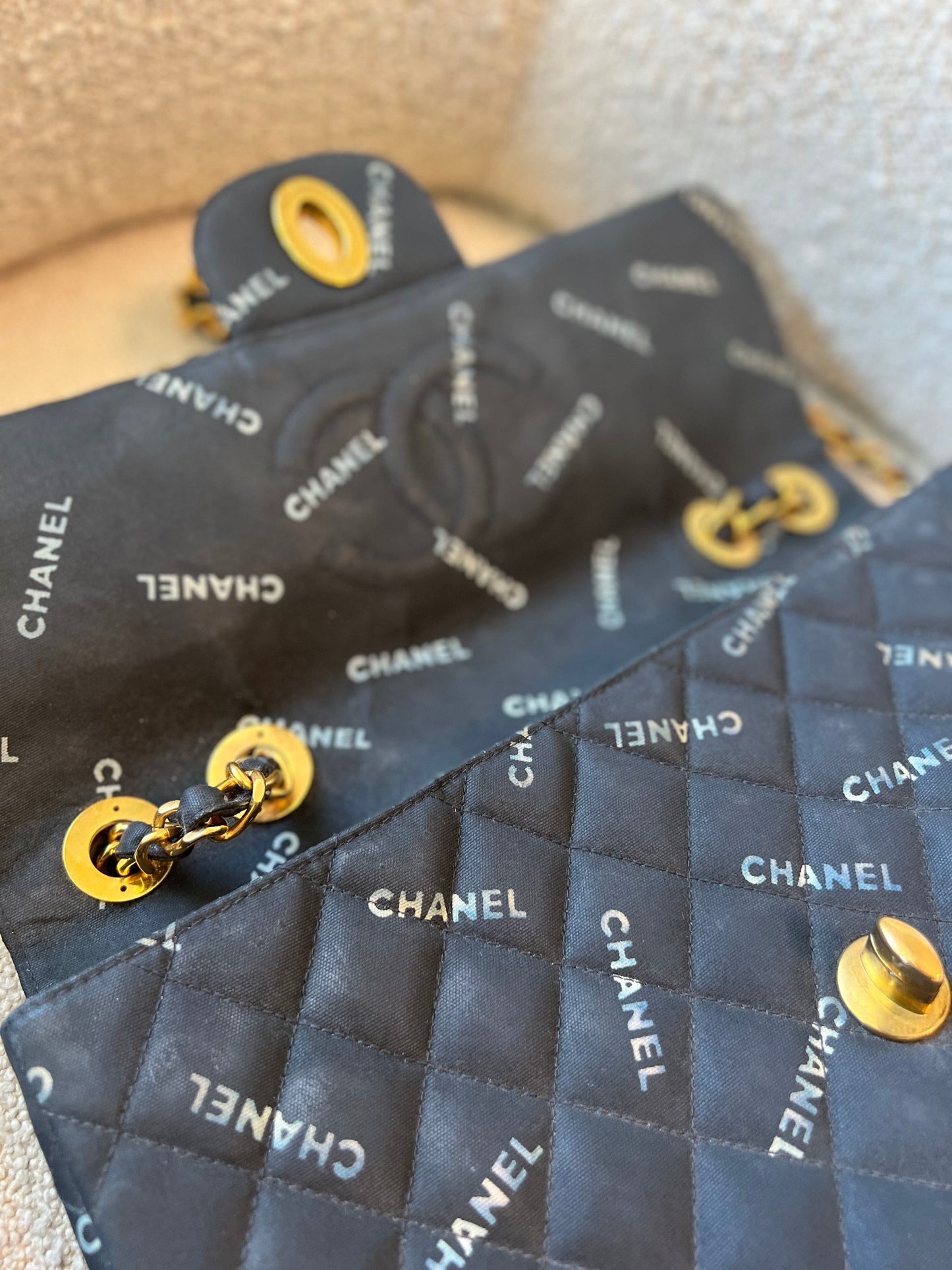 Vintage Black Canvas Quilted  Single Flap Jumbo XL Gold Hardware