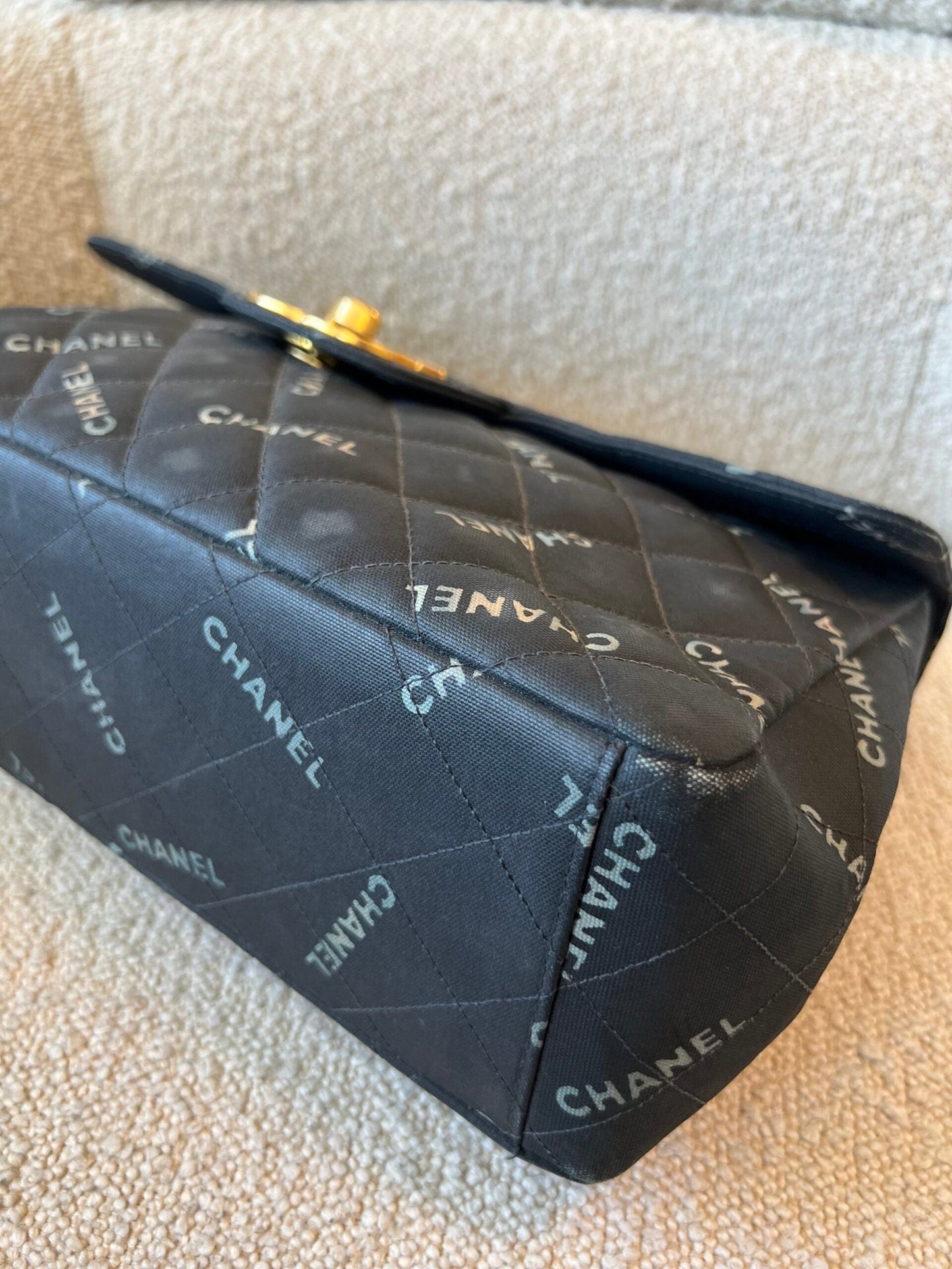 Vintage Black Canvas Quilted  Single Flap Jumbo XL Gold Hardware