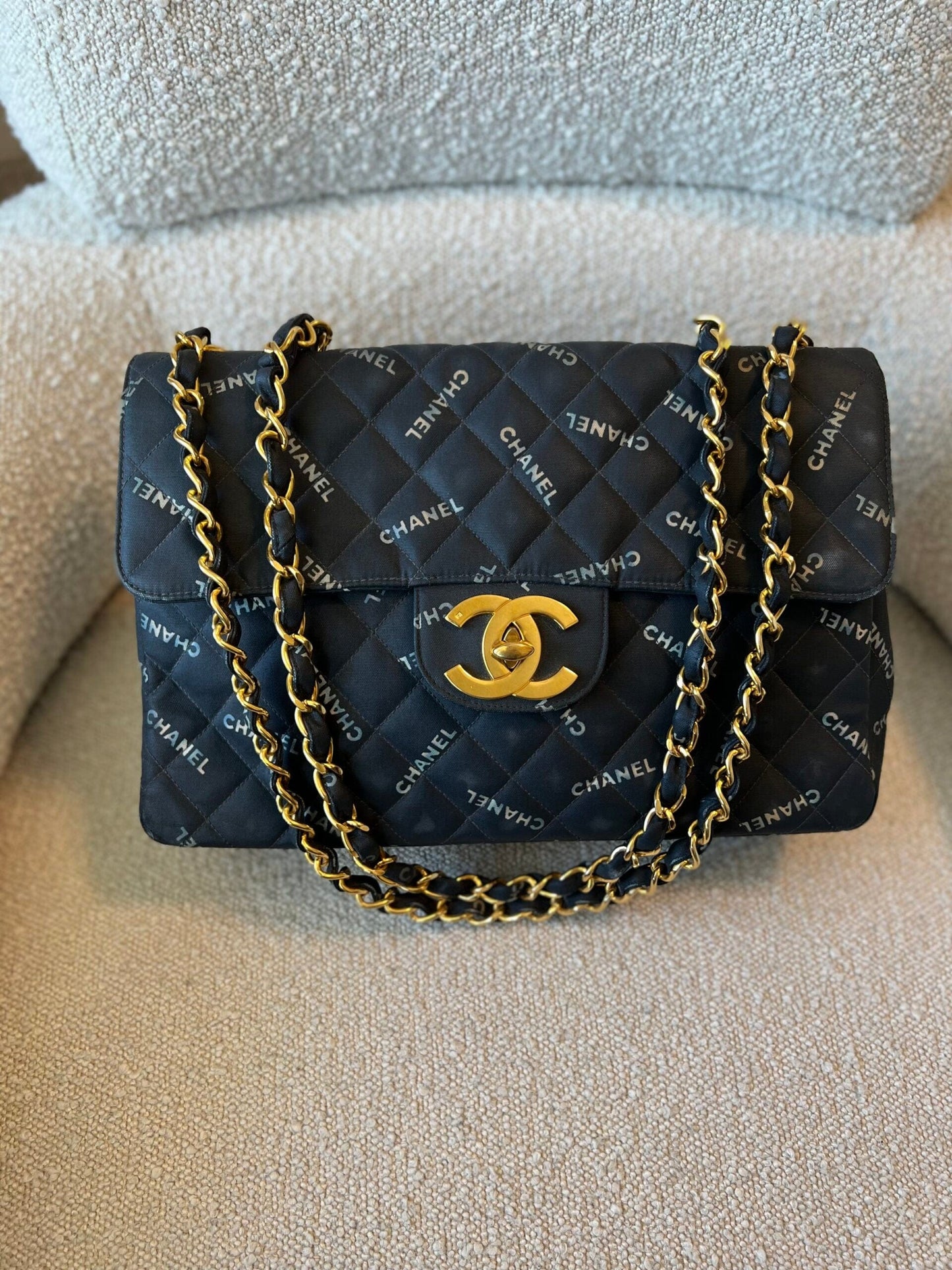 Vintage Black Canvas Quilted  Single Flap Jumbo XL Gold Hardware