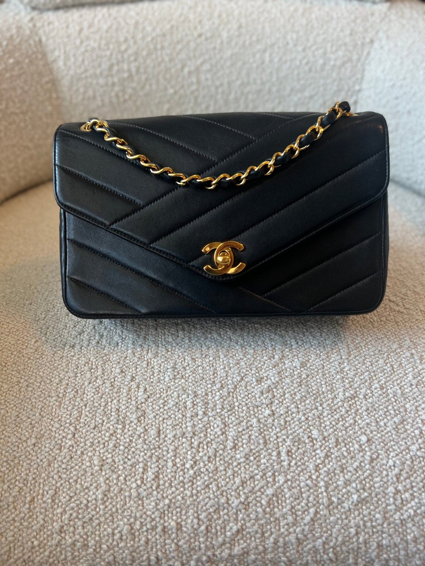 Vintage Black Lambskin Chevron Envelope Flap Bag Small GHW