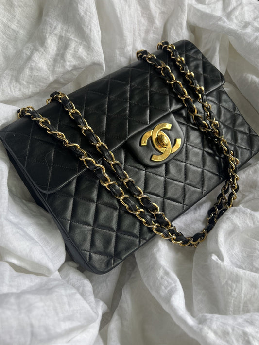 Vintage Black Lambskin Quilted Jumbo XL Single Flap