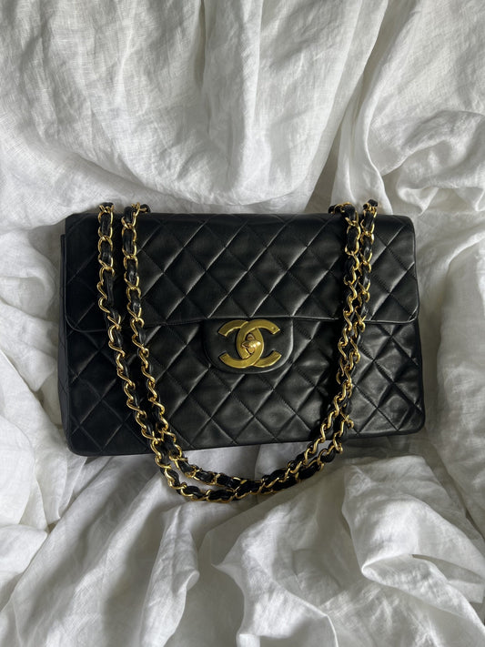 Vintage Black Lambskin Quilted Jumbo XL Single Flap -