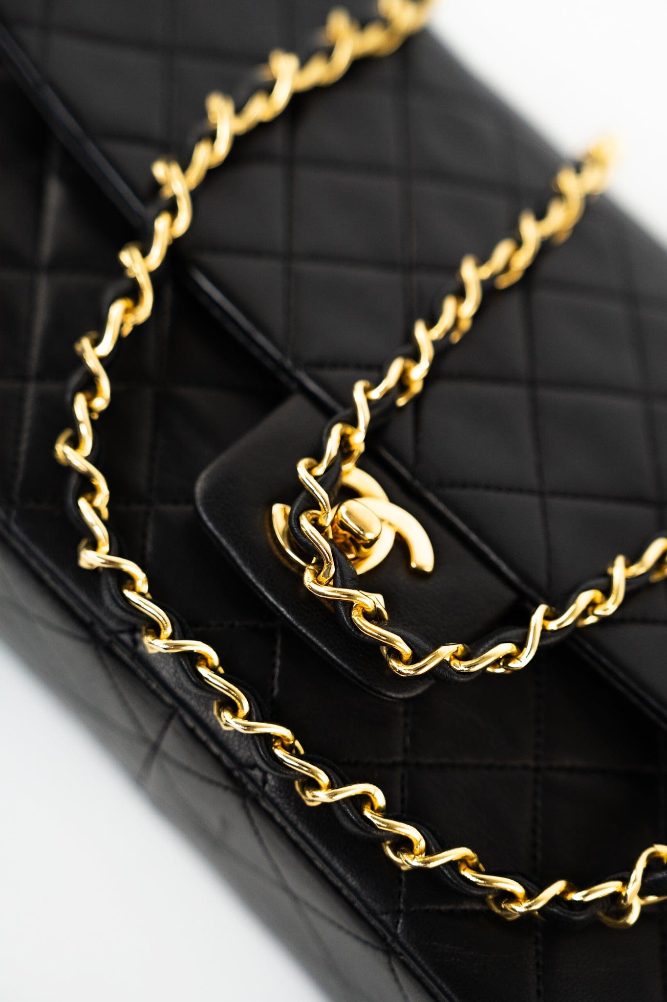 Vintage Black Lambskin Quilted Matelasse Single Flap Bag Gold Hardware