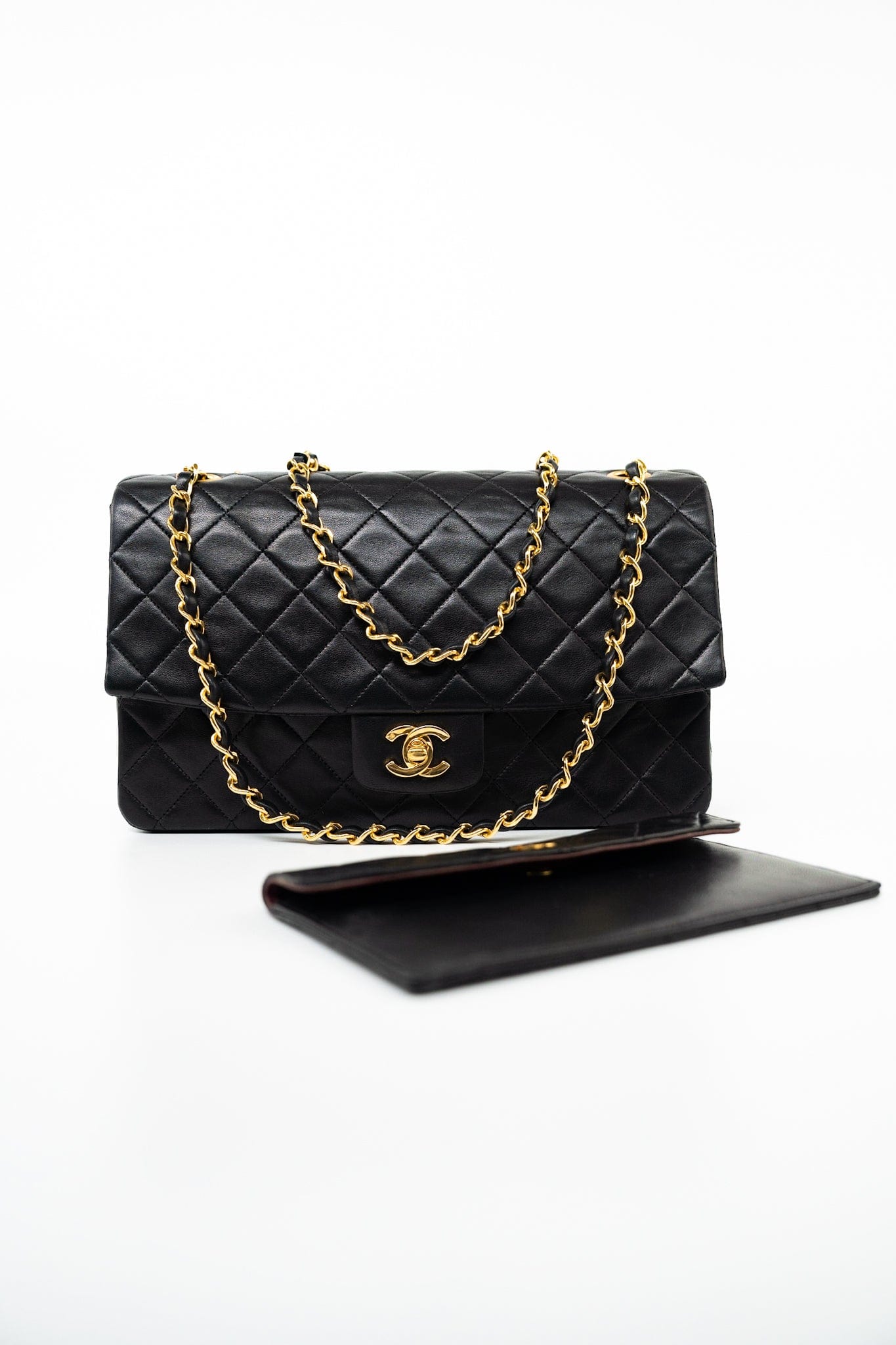 Vintage Black Lambskin Quilted Matelasse Single Flap Bag Gold Hardware