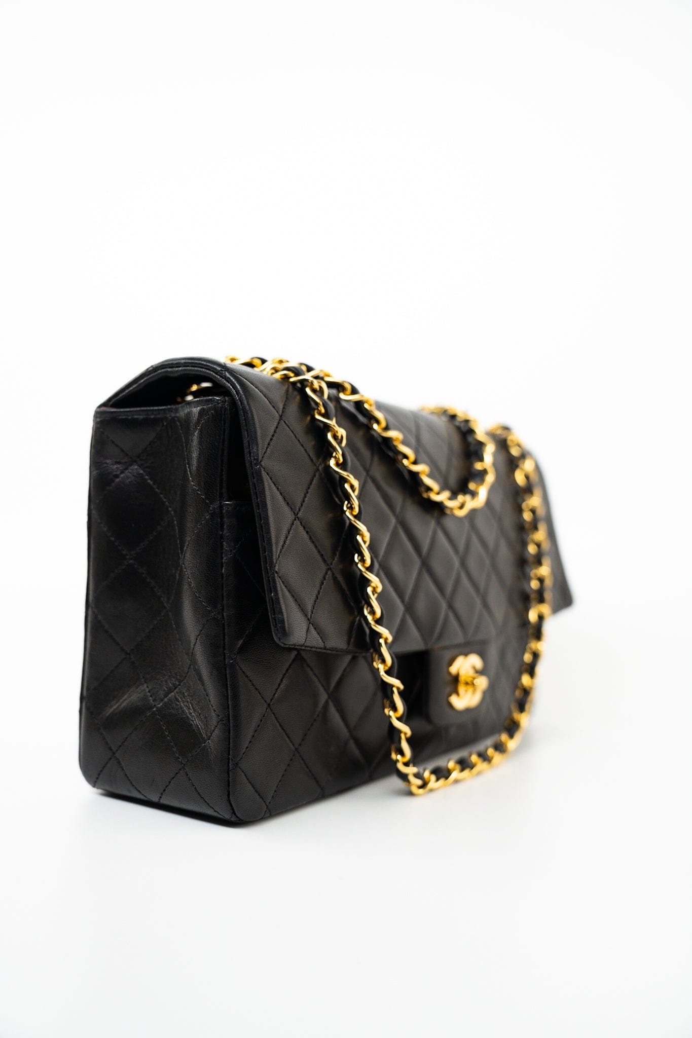 Vintage Black Lambskin Quilted Matelasse Single Flap Bag Gold Hardware