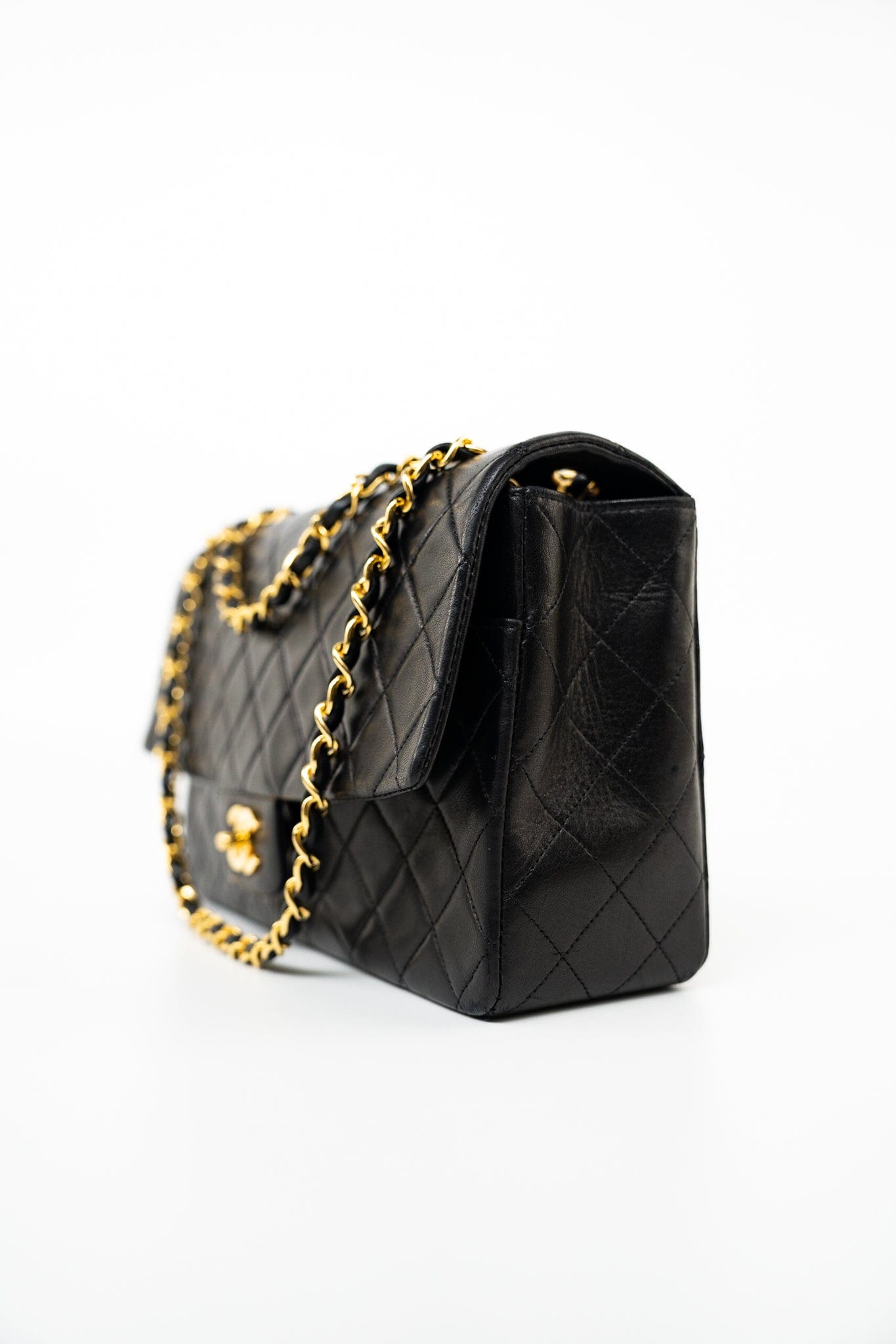 Vintage Black Lambskin Quilted Matelasse Single Flap Bag Gold Hardware