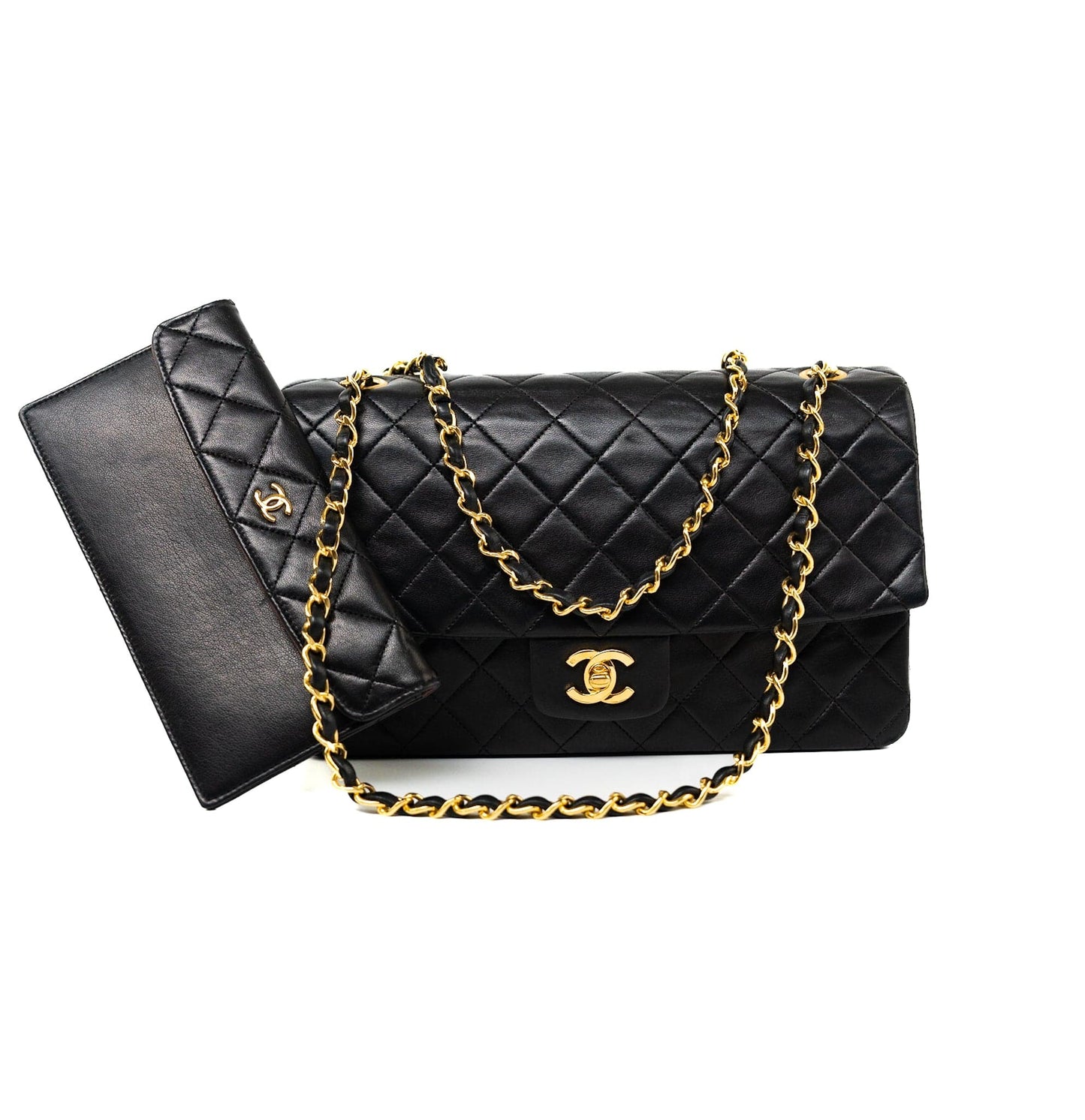 Vintage Black Lambskin Quilted Matelasse Single Flap Bag Gold Hardware